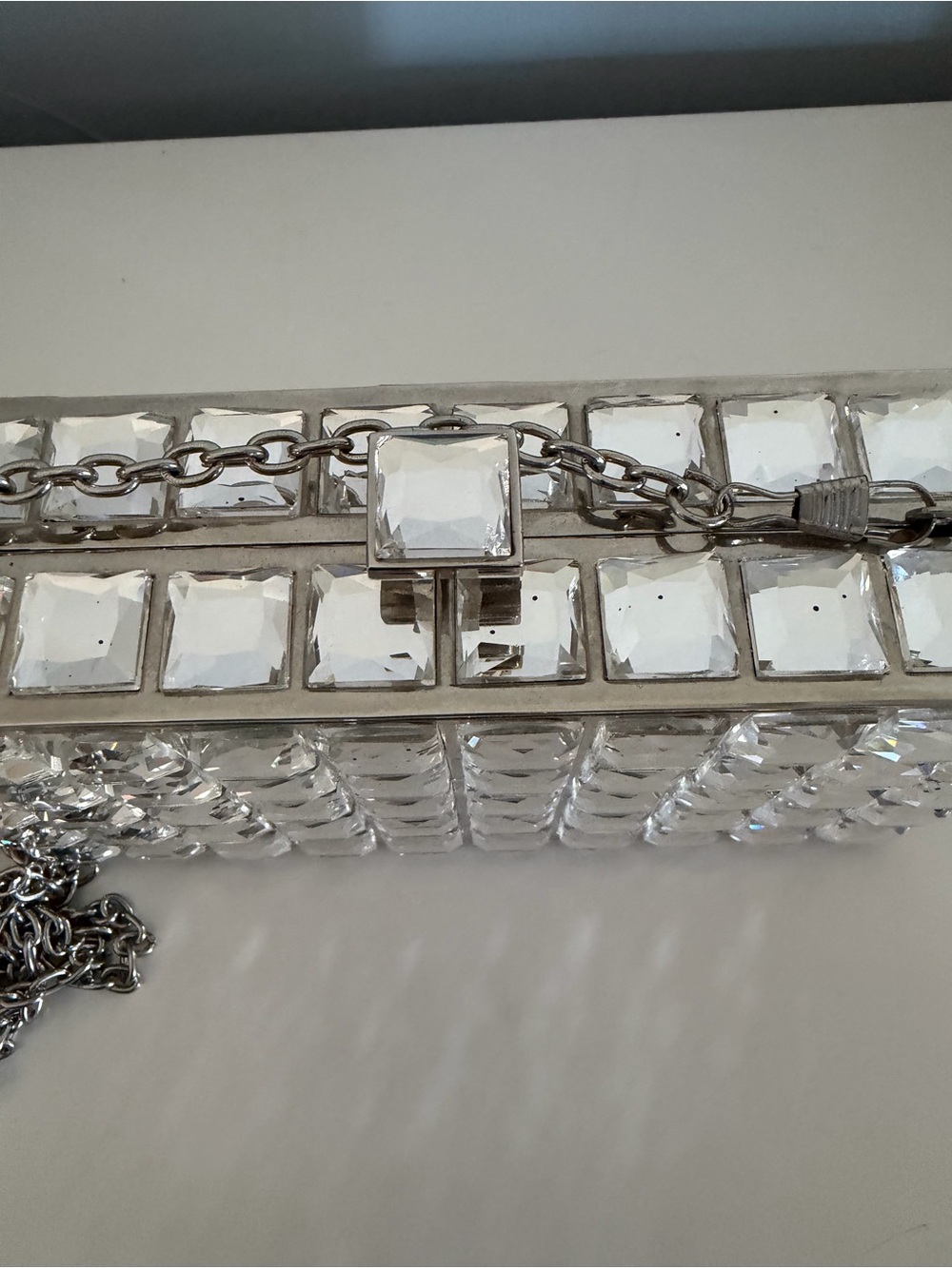 Natasha Crystal Grid Evening Clutch Bag in Clear Silver - Picture 2 of 8
